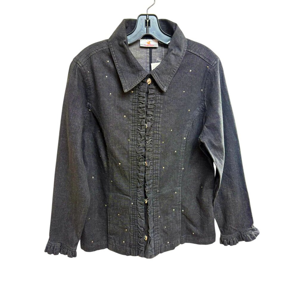 Quacker Factory Jeanne Black Denim Rhinestone Ruffle Jacket - Picture 10 of 11